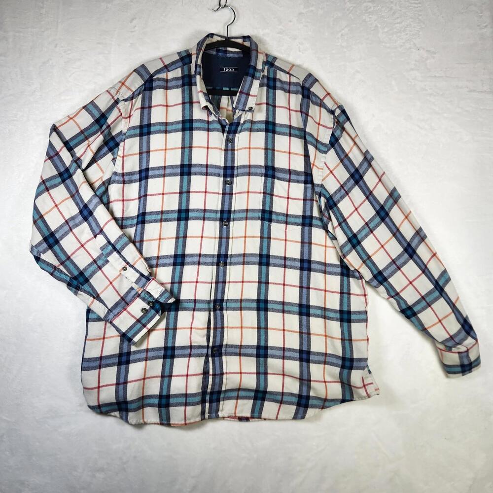 IZOD Flannel Shirt XXL Button Up White Multicolor Plaid‎ Brushed Cotton Y2K Prep